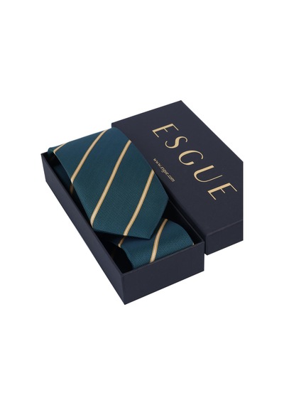 Esgue Hand Made 8 Cm Çizgili Desen Yeşil Sarı Renk Mendilli Kravat Lacivert - Gri