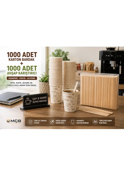 1000 Adet Karton Bardak + 1000 Adet Ahşap Karıştırıcı Seti Tek Kullanımlık Çay Kahve Bardağı Ve Ka