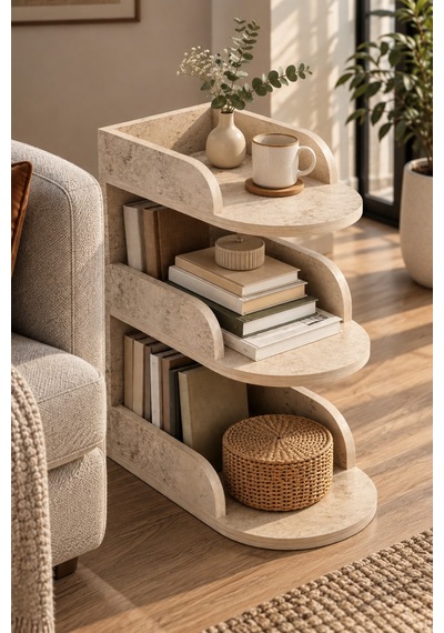 Sulorahome Ekru Traverten Desenli Yan Sehpa 60x43 Cm