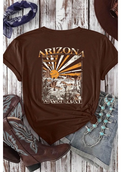 Unisex Sırt Baskılı Arizona Oversize Tshirt Kahverengi