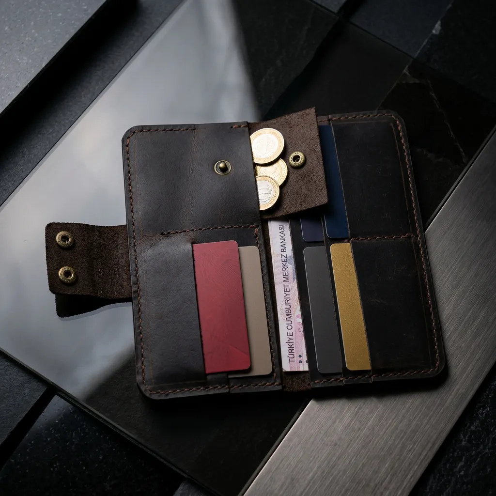 Natderi %100 Hakiki Deri Çıtçıtlı El Portföyü Cüzdan Telefon Bölmeli Cüzdan - 9x19 Cm Taba & Acı Kahve Acı Kahverengi