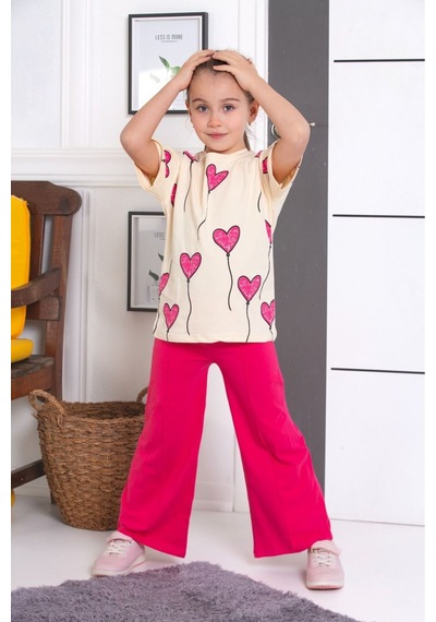 Tunays Shopping İspanyol Paça Tayt Pantolon Kalp Baskılı Oversize Tshirt Kız Çocuk Alt Üst Takım Fuşya