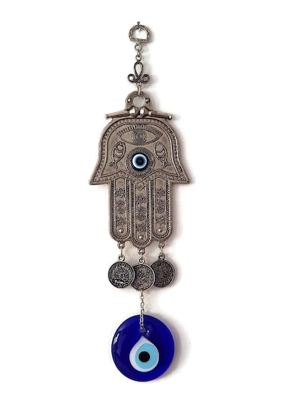 Fatma Eli - Hamsa Metal Duvar Süsü Cam Nazarlık Sallantılı 21x6cm