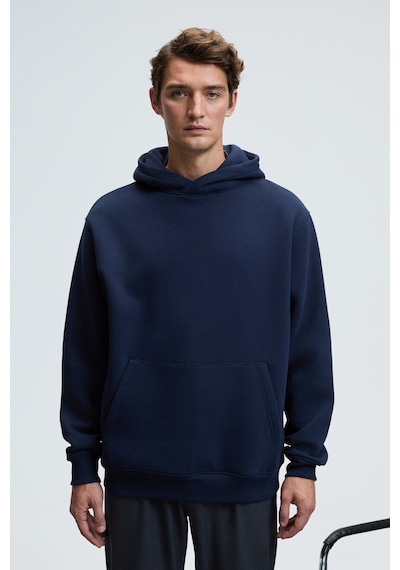 Grimelange AMOS Erkek Yumuşak Kumaşlı 3 İplik Oversize Kapüşonlu Kanguru Cepli Lacivert Sweatshirt