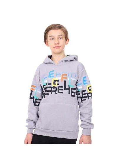 Mon Cherry Erkek Çocuk Üç İplik Renkli Yazılı Kapüşonlu Sweatshirt-13718 Gri