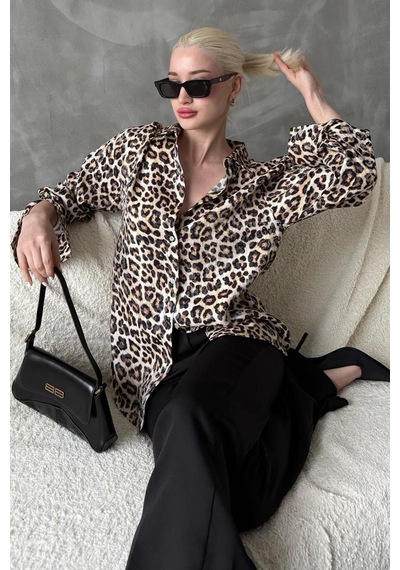 Madmext Bej Leopar Desen Kadın Gömlek Mg2296 Bej