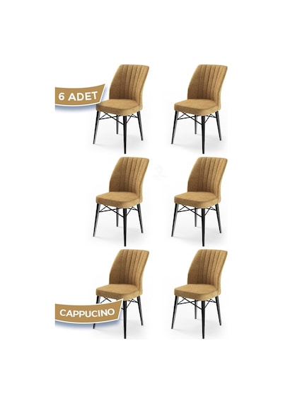 Canisa Flex Serisi, Üst Kalite Yemek Odası Sandalyesi, 6 Adet Cappucino Sandalye, Gürgen Siyah Ahşap Ayak Sandalye Cappucino Ayaklar Siyah
