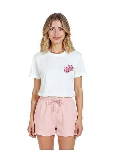 Kadın Beyaz Relaxed Fit %100 Pamuk Tişört Pembe Kalp Zar & Mini Beyaz