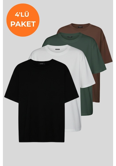 Soft&Basic Kadın 4'lü %100 Organik Pamuk Oversize Fit Basic Yuvarlak Yaka T-shirt Siyah-beyaz-haki-kahverengi