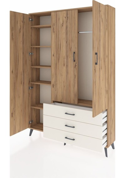 Arges Dolap 6 Raflı 3 Çekmeceli Tek Askılı 132x30x195 Çam-çam... Çam