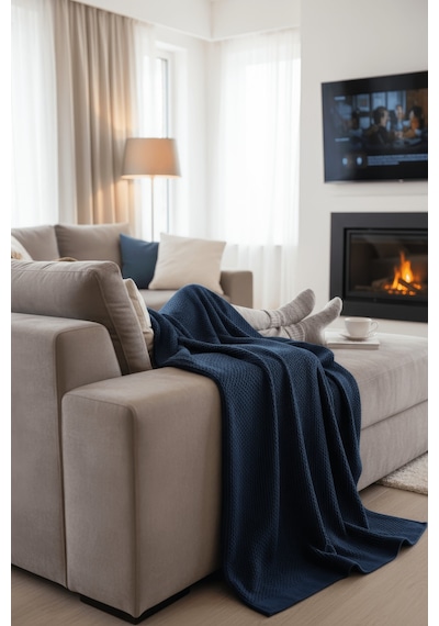 Yumuşak Örgü Battaniye Düz 130x170 Cm İndigo Tek Kişilik Tv Battaniyesi Dekoratif Ve Hafif Indigo