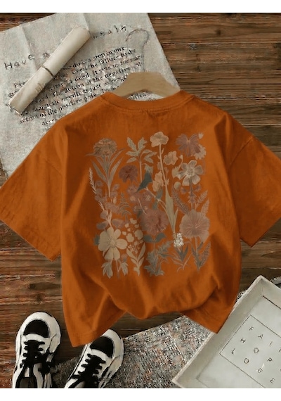 Retro Botanik Sırt Baskılı Çiçek Desenli Premium Kadın Oversize T-shirt Turuncu
