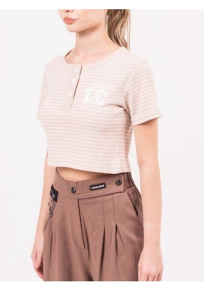 Zekids Kız Çocuk Lc Aplikeli Çizgili Crop T-shirt-13940 Bej