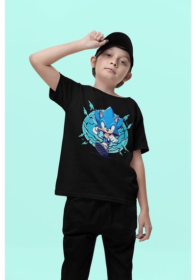 Sevbano Süper Sonic The Hedgehog Baskılı Unisex Çizgi Film Çocuk Tişört SIYAH