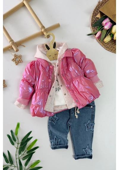 Miniğimin Cicileri Hologram Montlu Kapüşonlu Hırkalı 4 Lü Kız... Pembe