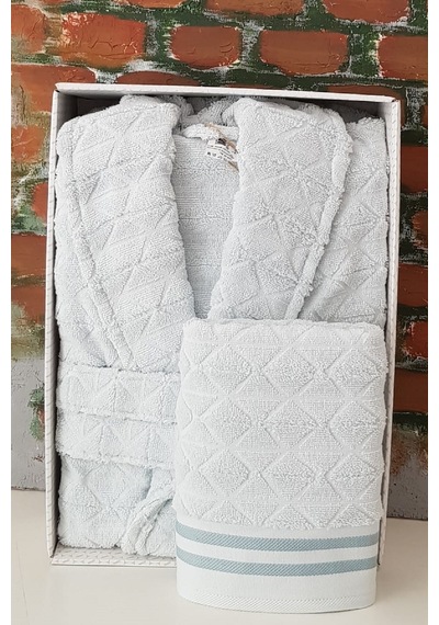 Mint Squares Şal Yaka Bornoz + Baş Havlusu Set- L Beden