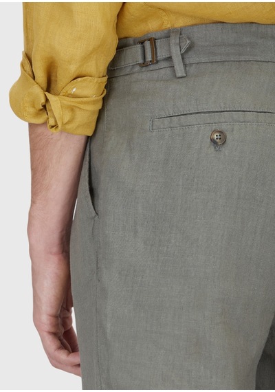 Ramsey Haki Düz Dokuma Carrot Fit Casual %100 Keten Bermuda