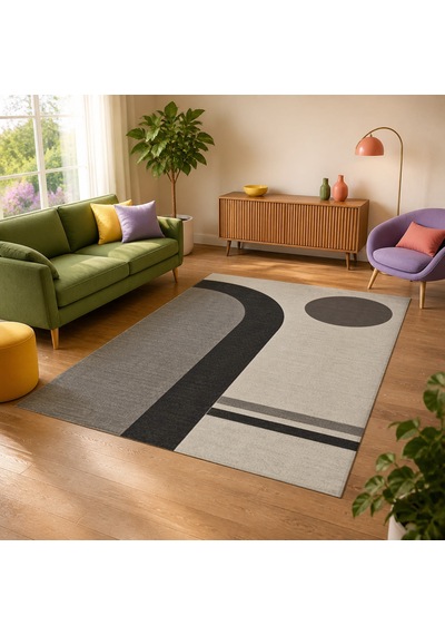 Kartela Halı Japandi Kemer Desenli Halı Antrasit Kaymaz Taban Makinede Yıkanabilir 80x120 Cm