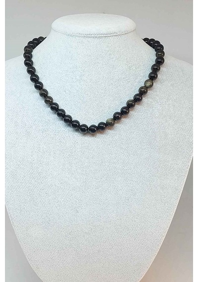 Golden & Siyah Obsidyen Taşı Kolye 8mm (Klipsli) Sedef