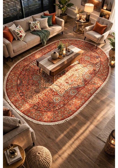 Frenda Home Vintage Desen Pamuk Taban Baskılı Yıkanabilir Oval Halı Kırmızı