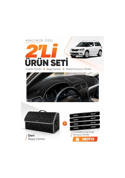 E-biz Skoda Yeti 2012-2018 Uyumlu Torpido Örtüsü + Deri Bagaj Çantası Seti - Siyah-gri - Sk013