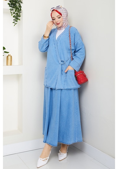 Bestenur Kimono Etek İkili Kot Takım 1531 - Açık Mavi Açık Mavi