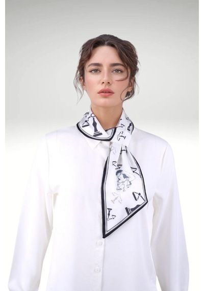 Walkenzo Adalet Temalı Özel Tasarım Kadın Kravat Fular Beyaz - Siyah