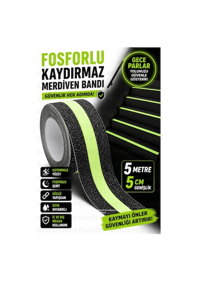 Fosforlu Kaydırmaz Merdiven Bandı 5 Metre 5 Cm Kendinden Yapışkanlı Kaymaz Zemin Güvenlik Bandı Gece