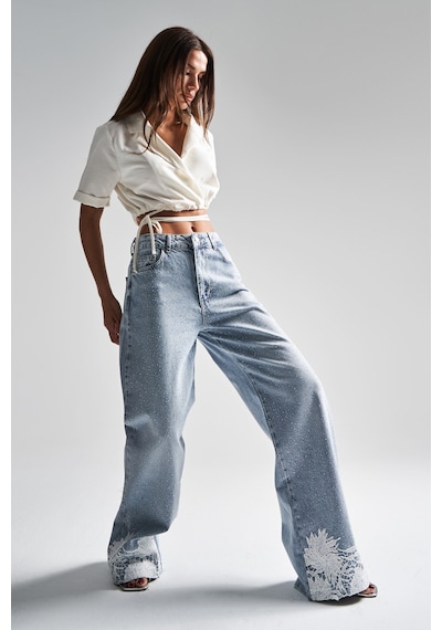 it's basic Kadın Snow Kot Rengi 4s5-3 Parlak Taşlı Dantelli Orta Bel %100 Koton Tasarım Denim Jean Kot Mavi