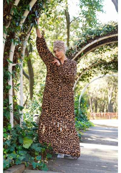 Polologin Butik Leopar Desenli Uzun Spor Tesettür Elbise Kahverengi