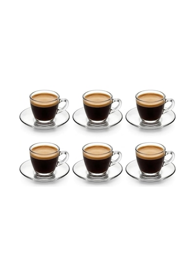 Lexroo 6 Lı Cam Kahve Fincanı Seti, Şeffaf Tasarım Tabaklı Espresso Türk Kahvesi Sunum Fincan Takımı