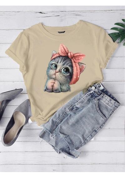 Oversize Bej Sevimli Minik Kedi Baskılı T-shirt Unisex Rahat Kalıp Bej