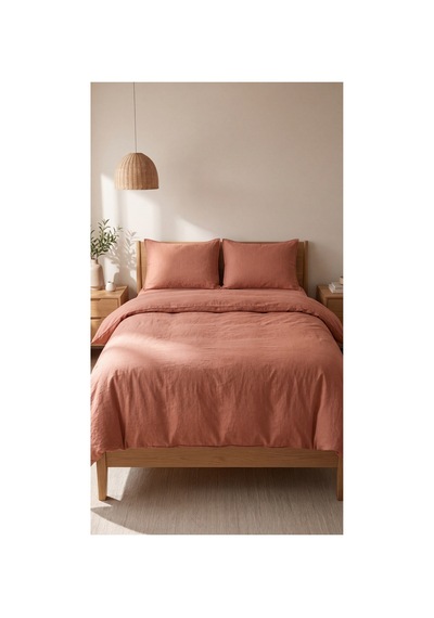 %100 Pamuk Keten Çift Kişilik Nevresim Takımı Lastikli Çarşaflı 200x220 Cm Tarçın Rengi - 904806307 Tarçın Rengi