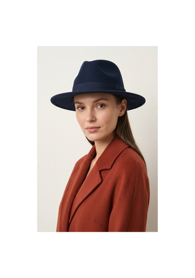 Emybox Kadın Kaşe Kovboy Şapka Geniş Siperlikli Fötr Kemerli Kışlık Şık Şapka Country Vintage Tarz Şapka Lacivert