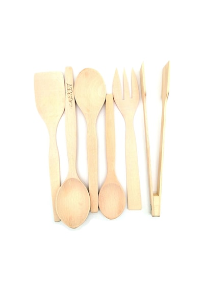 Elegancev Ham Ahşap Kaşık Maşa Spatula Servis Seti 6'lı