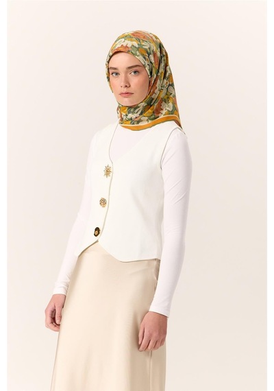 Silk Home Organik Pamuk İpek Eşarp Turuncu Sarı Yeşil Çiçek Desenli Tok Duruşlu 90x90 Çok Renkli