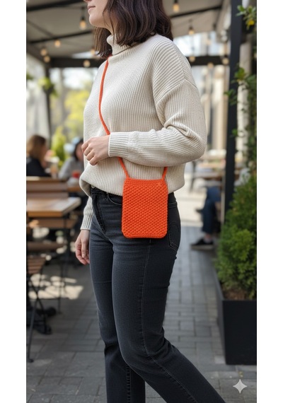 Artepieza El Yapımıturuncu Örgü Telefon Çantası, Handmade Tasarım Çanta-el Örgüsü Kadın Cep Telefonu Çantası Turuncu