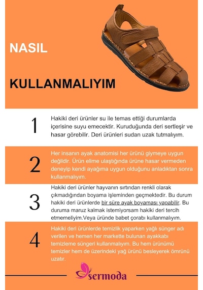 Sermoda %100 Hakiki Deri Burnu Kapalı Erkek Sandalet Şırıngıl Taba