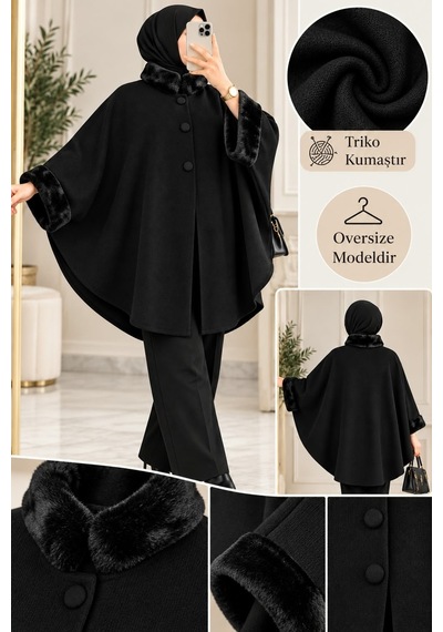 Genel Markalar Novea Scarf Siyah Şık Model Kürklü Triko Panço Siyah - 939489263 Siyah