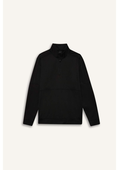 DeFactoFit Standart Fit Dik Yaka Fermuarlı Skuba Dalgıç Kumaş Sporcu Sweatshirt D7305AX25SPBK81