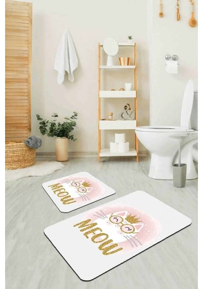 Pembe Kedi Temalı Banyo Halısı Klozet 2'li Paspas Seti Bs260n11