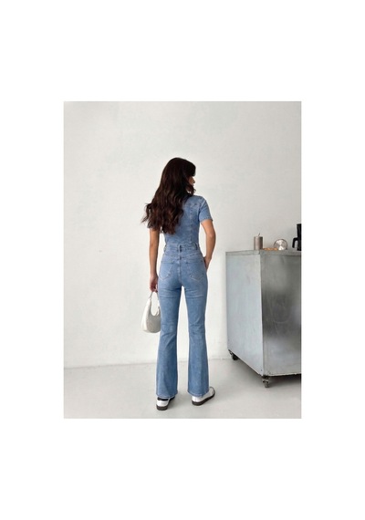 Kene Jeans Kısa Kol Buz Kar Likralı Denim İspanyol Paça Tulum Buz Kar