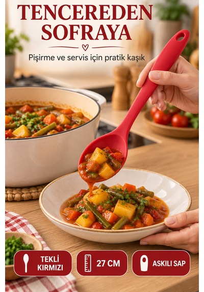 Tekli Kırmızı Büyük Boy Silikon Kaşık 27 Cm Mutfak Yemek Pişirme Ve Servis Kaşığı Evde Kullanım İçin