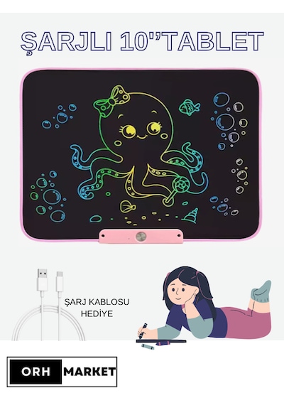 Pembe 10 İnç LCD Çizim Tableti – Şarjlı, Dijital Kalemli, USB Kablolu, Renkli Ekranlı Yazı Tableti