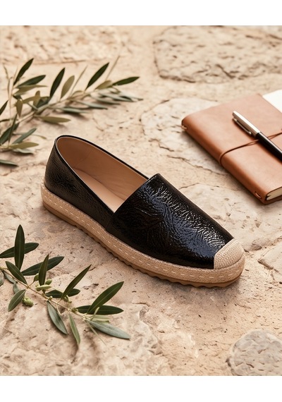 Futsishoes Lucıa Siyah Hakiki Parlak Deri Dikiş Detaylı Kadın Espadril