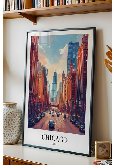 Chicago Usa City Architecture Vintage Poster Çerçeveli Tablo - Premium Şehir Elit Duvar Dekoru Siyah