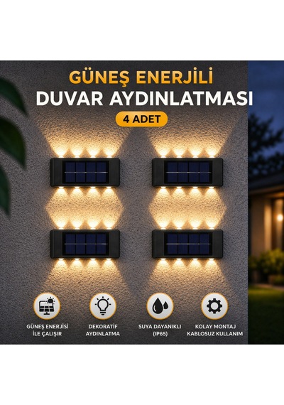 4 Adet Gunes Enerjili 10 Led Duvar Aplik Bahce Balkon Dis Mekan Solar Aydinlatma Seti Diğer