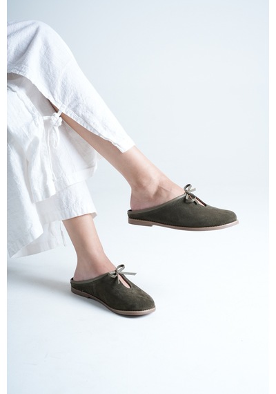 Analin Shoes Kadın Hakiki Deri Fiyonk Detaylı Düz Terlik Haki
