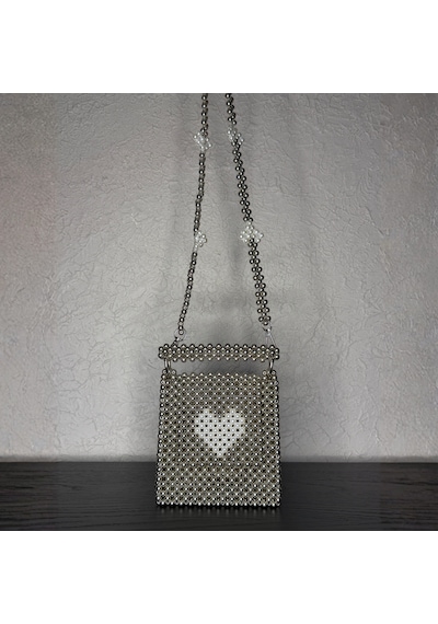 Khosia Amour El Yapımı İnci Kalp Motifli Metal Boncuk Omuz Çantası Gümüş