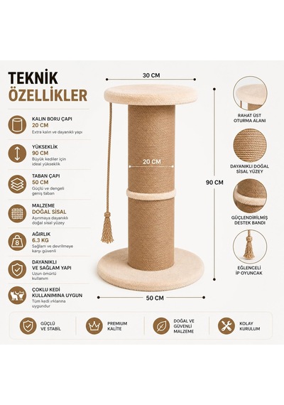 Tr Dev Büyük Boy Kedi Tırmalama Borusu, 20 Cm Çaplı 90 Cm Yüksek Gerginlik Azaltıcı Tırmalama Yüzeyli Üstten
